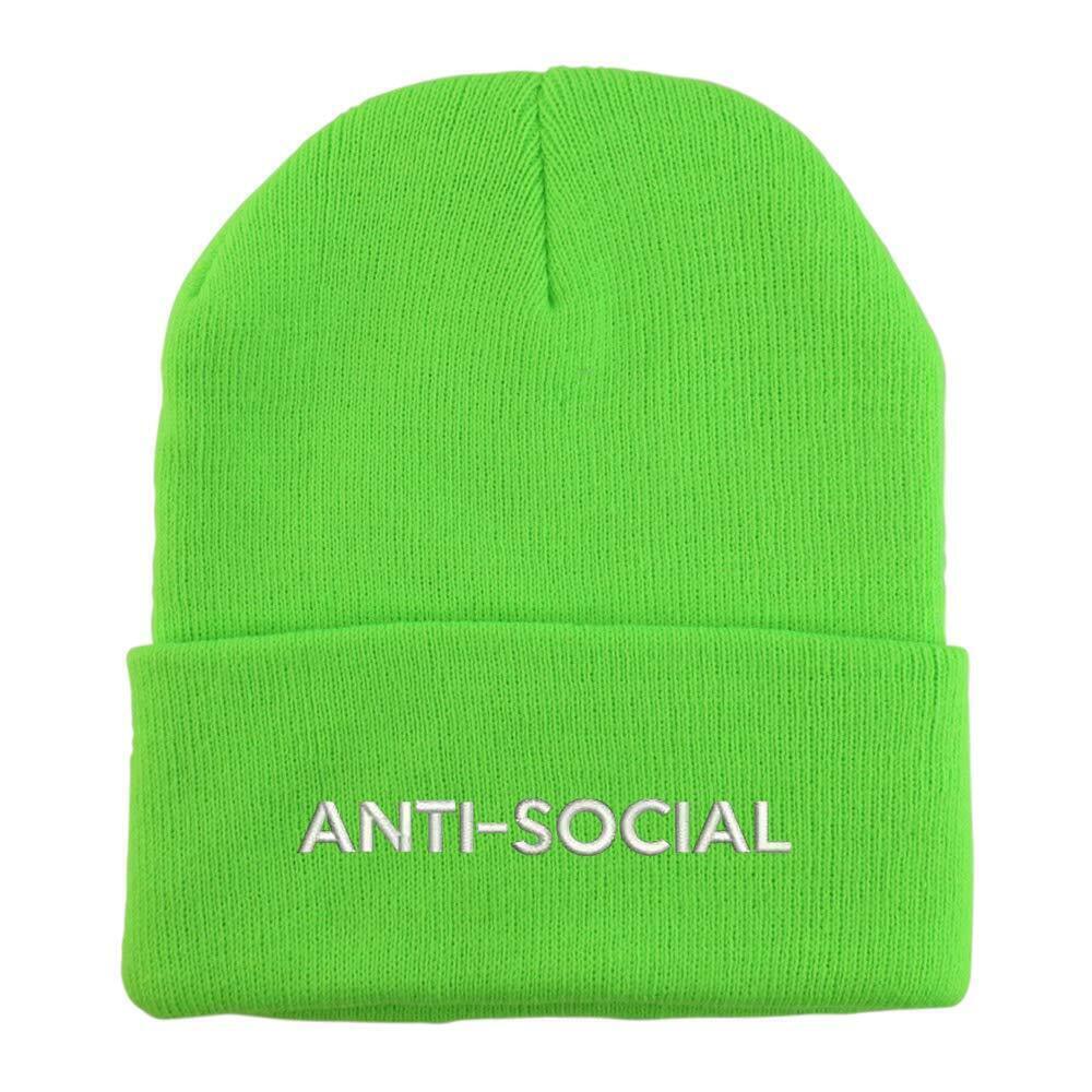 4133 Anti Social Embroidered Winter Long Cuff Beanie - Neon Green